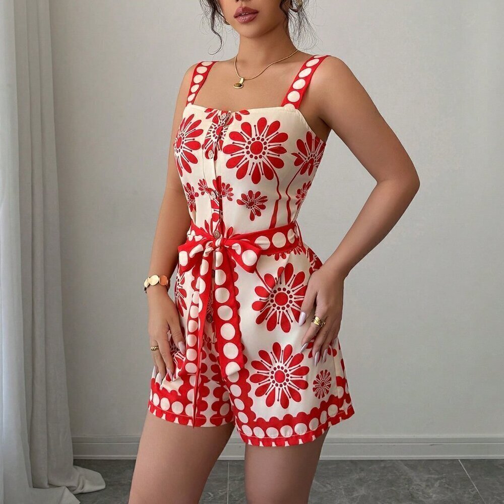 Orange Boho Women's Print Floral Sleeveless Jumpsuit - Picture 6 of 6
